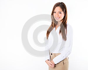 Asian business woman on white background with copy space