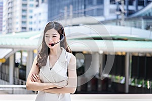 The asian business woman working and operation in outside office