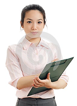 Asian business woman write on file pad