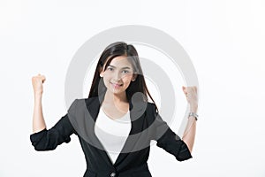 Asian business women are smiling and Thump up hand sign for working happy and Success and winning concept on white background