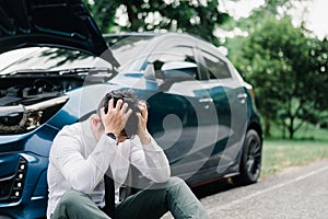 Asian businessman broken car engine breakdown his stressed emotion problem