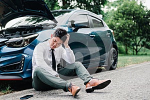 Asian businessman broken car engine breakdown his stressed emotion problem