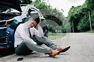 Asian businessman broken car engine breakdown his stressed emotion problem