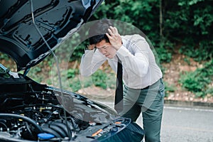 Asian businessman broken car engine breakdown, Streesed emotion, Accident emergency on the road