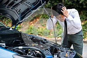 Asian businessman car broken breakdown
