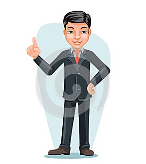 Asian Businessman Chinese Japanese Vietnamese Male Employee Boss Hand Forefinger Up Cartoon Character Design Vector