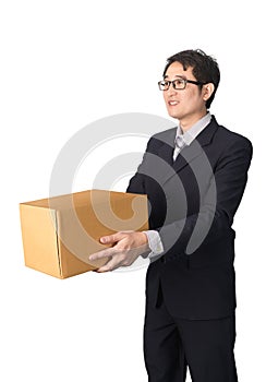 Asian businessman giving and carrying parcel, cardboard box, iso