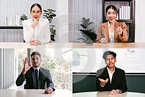 Asian businessman group webcam laptop screen view many faces of diverse people involved videoconference on-line. Businesswoman