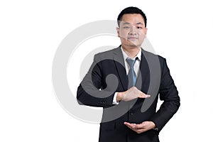 Asian businessman hands open. Your objects are here. Businessman