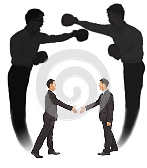 Asian businessman handshake with fighting shadow