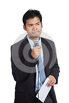 Asian businessman hesitate to speak with paper