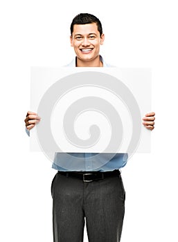Asian businessman holding billboard