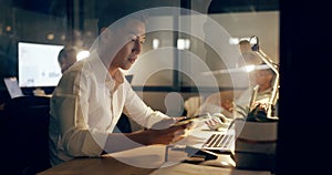 Asian businessman, laptop and phone at night working in marketing or advertising at office. Japanese employee man in web