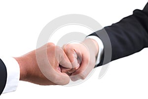 Asian businessman making a fist bump on white background.
