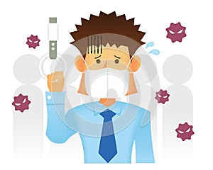 Asian businessman paying attention to infection in a closed space  such as a commuter train  vector illustration