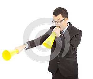 Asian businessman screaming with cheering Megaphone