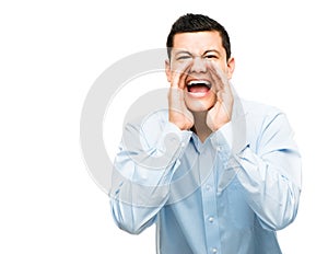 Asian businessman shouting angry isolated white background
