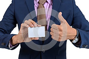 Asian Businessman showing blank card by hand And raise thumbs On