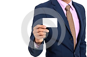 Asian Businessman showing blank card by hand On a white background isolated.