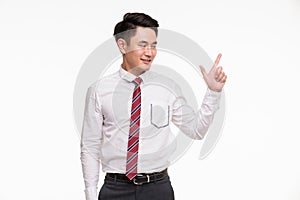 Asian businessman standing and point his finger