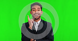 Asian businessman, thinking and idea on green screen for solution or remember against a studio background. Portrait of