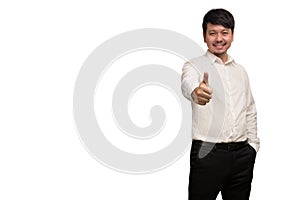 Asian businessman wear white shirt show thumps up by one hand, smiling and feeling happy, isolate on white