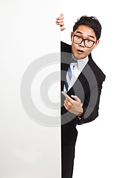 Asian businessman wonder point to banner