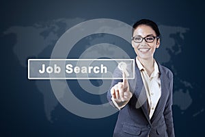 Asian businesswoman and job search button