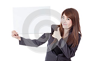 Asian businesswoman thumbs-up with a blank sign