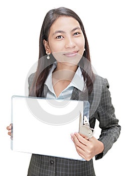 Asian businesswoman w copyspace clipboard