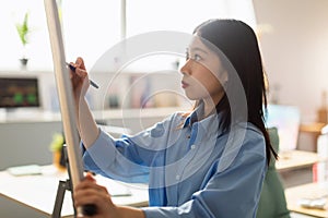 Asian Businesswoman Writing On Whiteboard Preparing For Presentation In Office