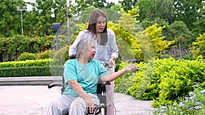 Asian careful caregiver or nurse taking care of the patient in a wheelchair.  Concept of happy retirement with care from a