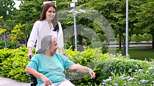 Asian careful caregiver or nurse taking care of the patient in a wheelchair.  Concept of happy retirement with care from a