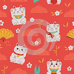 asian cat pattern. china fortune symbols cats neki masks and lanterns. Vector traditional authentic collection seamless