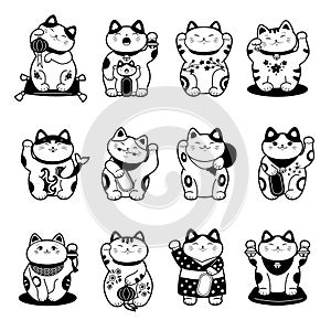 Asian cat. Stylized monochrome labels of maneki neko traditional asian animal of lucky and fortune recent vector