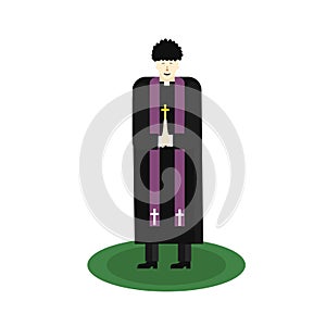 Asian Catholic priest. The pastor reads a prayer, holds a cross, bible and gospel. Cartoon flat vector illustration. Objects