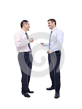 Asian and caucasian businessmen having a conversation