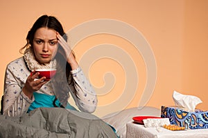 Asian caucasian woman having a head ache - girl with pain in hea