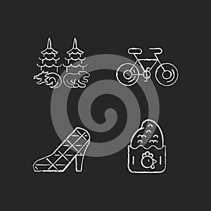 Asian chalk white icons set on dark background.