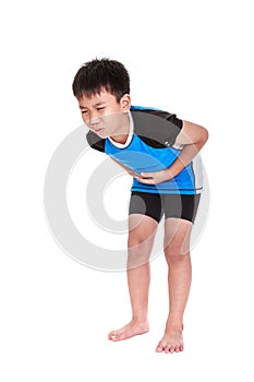 Asian child athletes suffering from stomachache. Isolated on white background.