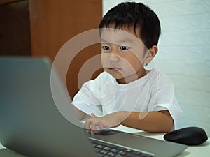 Asian child boy using notebook or computer for learning.