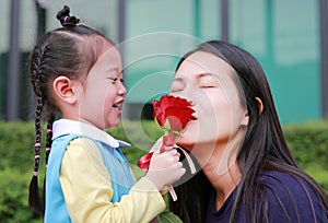 Asian child girl giving red rose for her mother and sniff in the garden