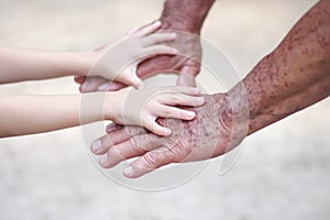 Asian child girl hand on grandfather hand for familly background