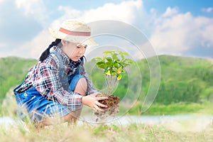 Asian child girl plant sapling tree in the nature spring for reduce global warming growth feature,