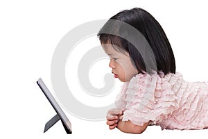 Asian child Girl reading on tablet at school. Preschool kid using a computer at home. Isolated on white background.