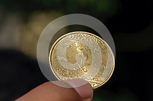 Asian child hand holding a Fifty Halalas Riyal coin, Saudi Arabia money, selected focus and dark background