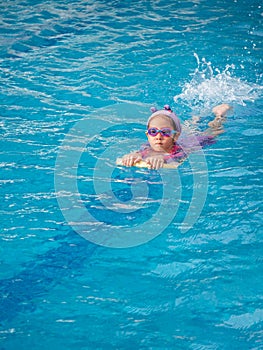 Asian child or kid girl wearing swimming suit to learning on swimming pool , learn and training swim on kick board