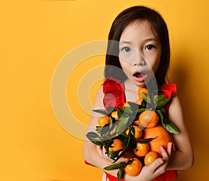 Asian child in red blouse. Looking wondered, holding an armful of tangerines and oranges, posing on orange background. Close up