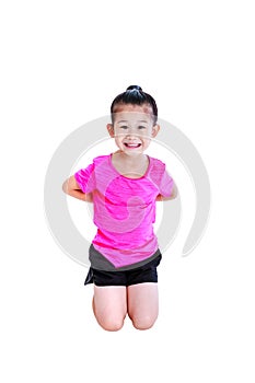 Asian child in sportwear excited with toothy beaming smile. Isolated on white background.