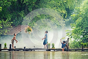 Asian children farmer on rice cross the wood bridge before the grown in paddy field